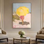 Gele Parasol aan Zee, Natuur & Landschap schilderij aan de muur in interieur
