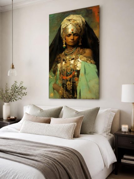 Vrouw met Gouden Sieraden, Mensen & Portretten schilderij aan de muur in interieur