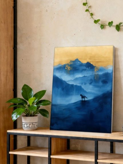 Paard in de Gouden Bergnevel, Dieren schilderij aan de muur in interieur
