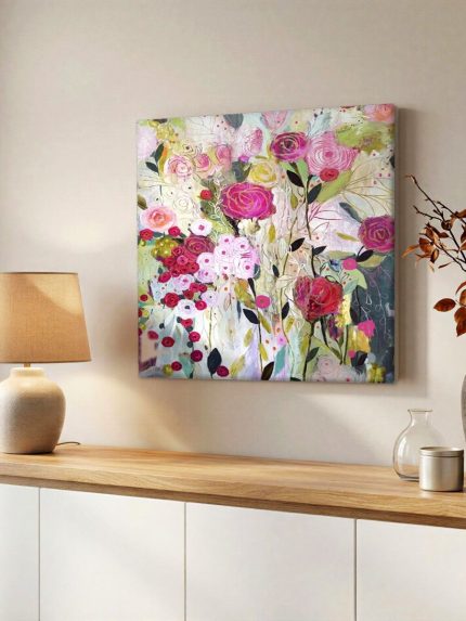 Wilde Rozen in Bloei, Bloemen & Stilleven schilderij aan de muur in interieur