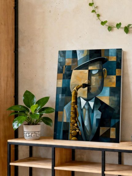 Saxofonist in Kubistische Kleurvlakken, Mensen & Portretten schilderij aan de muur in interieur