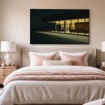 Verlichte Hotellobby bij Nacht, Steden & Skylines schilderij aan de muur in interieur