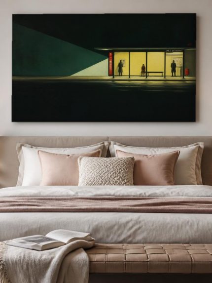Stille Tramhalte in de Nacht, Steden & Skylines schilderij aan de muur in interieur