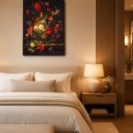 Weelderig bloemstilleven (naar Mignon), Bloemen & Stilleven schilderij aan de muur in interieur