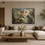 Kubistische Paardenformatie, Dieren schilderij aan de muur in interieur