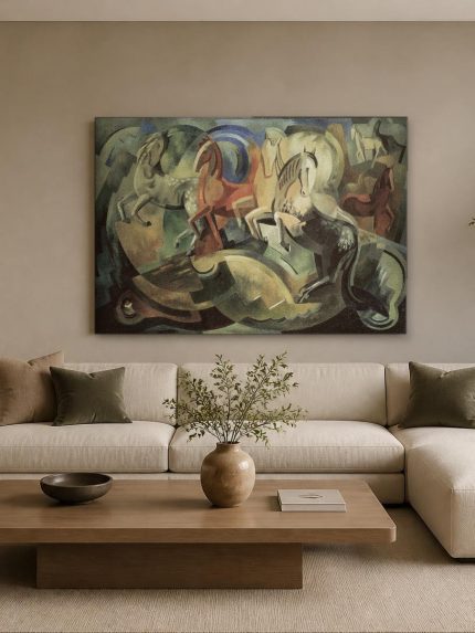 Kubistische Paardenformatie, Dieren schilderij aan de muur in interieur