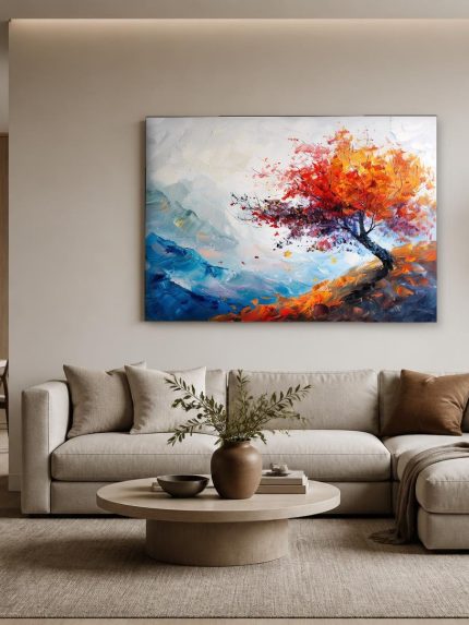 Herfstboom aan de rand, Natuur & Landschap schilderij aan de muur in interieur