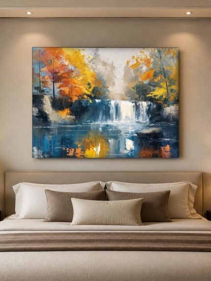 Waterval in herfstkleuren, Natuur & Landschap schilderij aan de muur in interieur