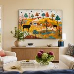 Herten in het herfstlandschap, Dieren schilderij aan de muur in interieur