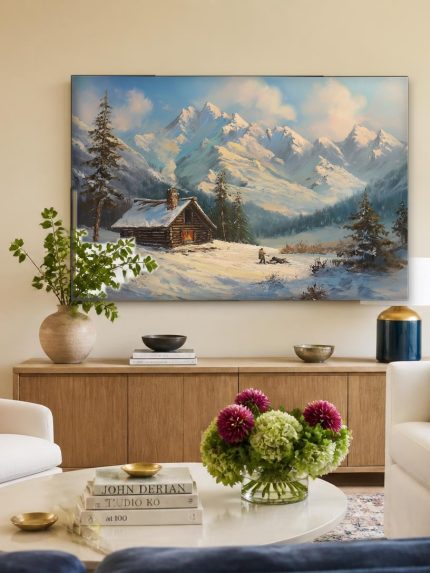 Berghut in de sneeuw, Natuur & Landschap schilderij aan de muur in interieur