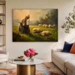 Herder bij de Kudde, Dieren schilderij aan de muur in interieur