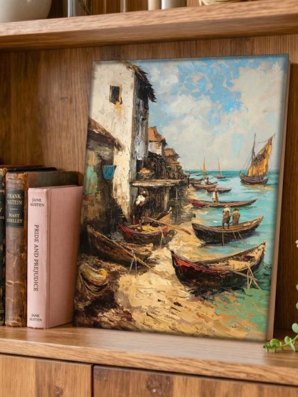 Vissershaven in Zonlicht, Natuur & Landschap schilderij aan de muur in interieur