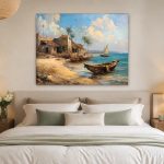Vissersdorp aan Tropische Kust, Natuur & Landschap schilderij aan de muur in interieur