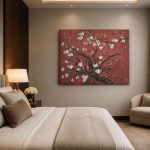 Amandelbloesem op Rood, Bloemen & Stilleven schilderij aan de muur in interieur