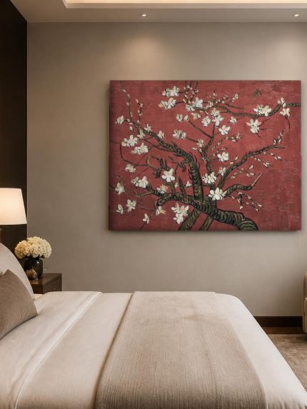 Amandelbloesem op Rood, Bloemen & Stilleven schilderij aan de muur in interieur