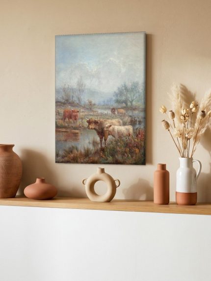Hooglanders bij de Waterplas, Dieren schilderij aan de muur in interieur