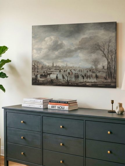 Schaatsers op het IJs (naar Van der Neer), Natuur & Landschap schilderij aan de muur in interieur