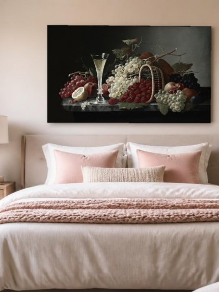 Fruitstilleven met Champagneglas, Bloemen & Stilleven schilderij aan de muur in interieur