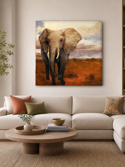 Olifant in de Savanne, Dieren schilderij aan de muur in interieur