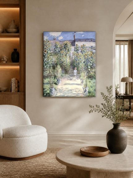 Zonnebloementuin (naar Monet), Bloemen & Stilleven schilderij aan de muur in interieur