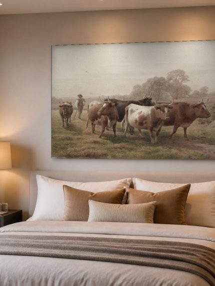 Koeien op de Landweg (naar Birtles), Dieren schilderij aan de muur in interieur