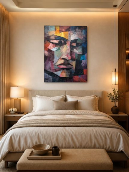 Gebroken Gezicht in Kleurvlakken, Mensen & Portretten schilderij aan de muur in interieur