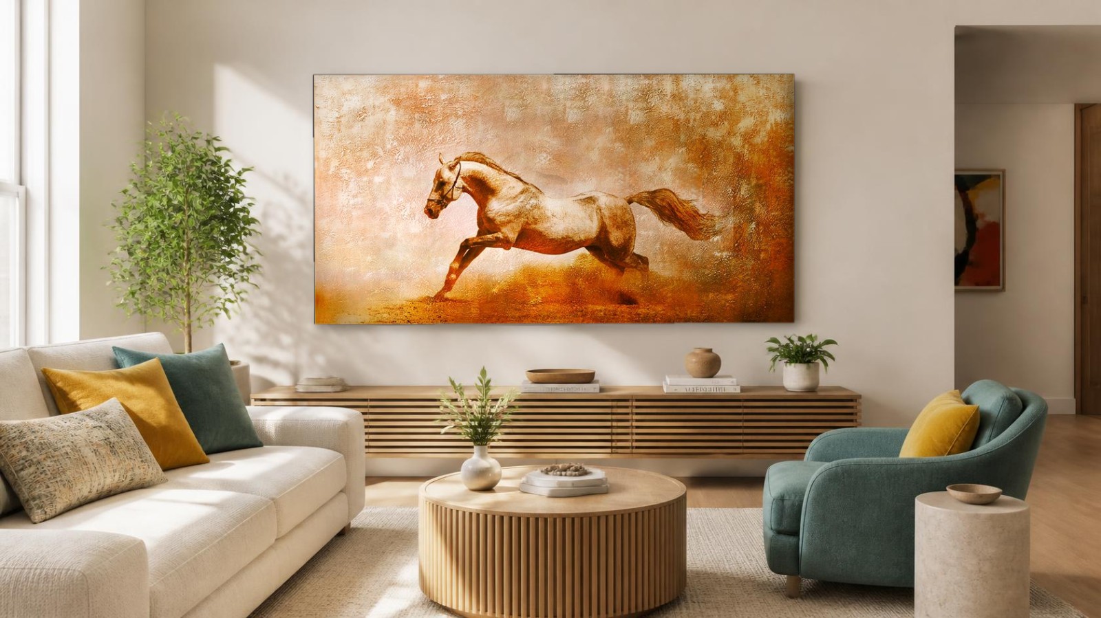 Galopperend paard in goudlicht, Dieren schilderij aan de muur in interieur