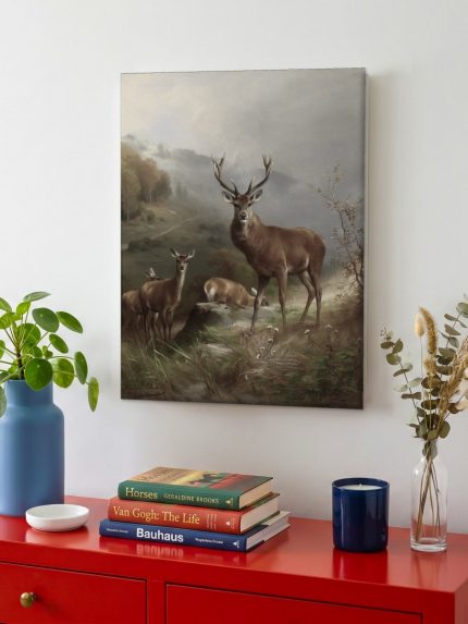 Hert in de Mist (naar Anton Schmitz), Dieren schilderij aan de muur in interieur