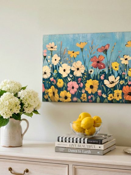Wilde Bloemenweide in Bloei, Bloemen & Stilleven schilderij aan de muur in interieur