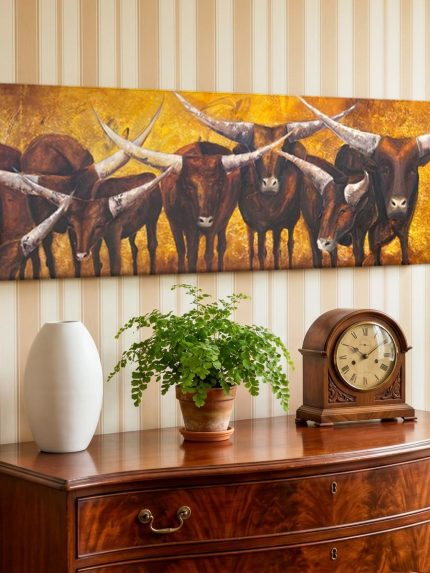 Kudde Longhorns in Goud, Dieren schilderij aan de muur in interieur