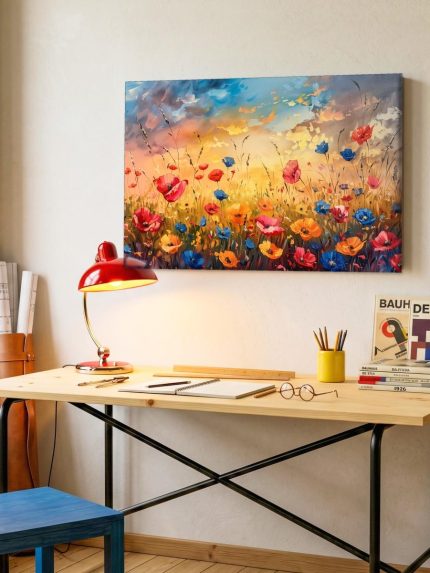 Klaprozenveld in Avondgloed, Bloemen & Stilleven schilderij aan de muur in interieur