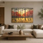 Herfstbos in Goud en Rood, Natuur & Landschap schilderij aan de muur in interieur