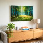 Zonnig Bospad, Natuur & Landschap schilderij aan de muur in interieur