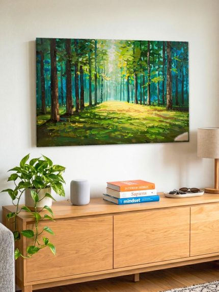 Zonnig Bospad, Natuur & Landschap schilderij aan de muur in interieur