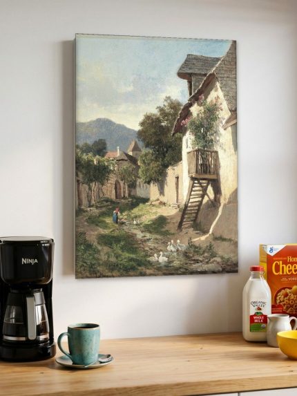 Alpendorpje met Ganzen, Natuur & Landschap schilderij aan de muur in interieur
