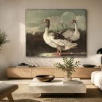 Ganzen aan de waterkant, Dieren schilderij aan de muur in interieur