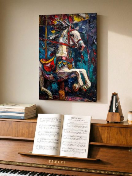 Kleurrijk Carrouselpaard, Dieren schilderij aan de muur in interieur