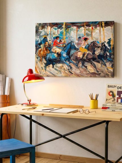 Draaimolenpaarden in Beweging, Dieren schilderij aan de muur in interieur