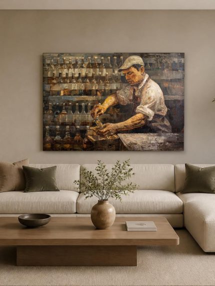 Barman achter de bar, Mensen & Portretten schilderij aan de muur in interieur