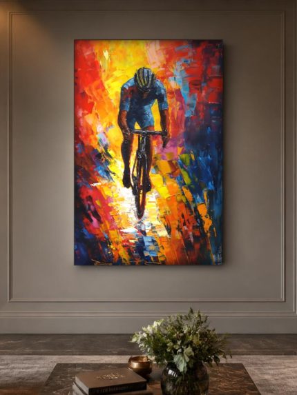 Wielrenner in Vlammend Licht, Mensen & Portretten schilderij aan de muur in interieur