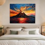 Uitbarstende vulkaan bij zonsondergang, Natuur & Landschap schilderij aan de muur in interieur