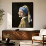 Meisje met de Parel (naar Vermeer), Mensen & Portretten schilderij aan de muur in interieur