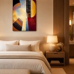 Skyline in Goud en Karmijn, Steden & Skylines schilderij aan de muur in interieur