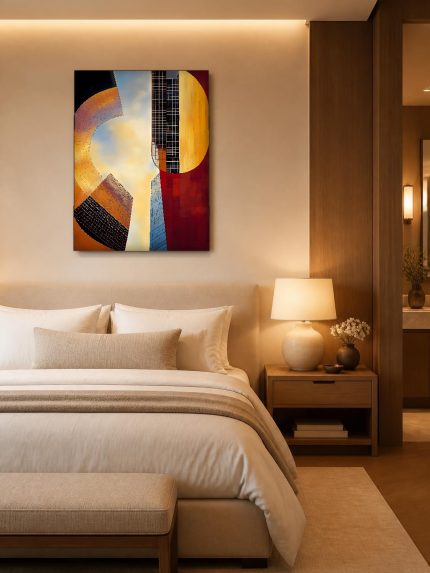 Skyline in Goud en Karmijn, Steden & Skylines schilderij aan de muur in interieur