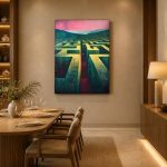 Doolhof onder Roze Hemel, Abstract & Modern schilderij aan de muur in interieur