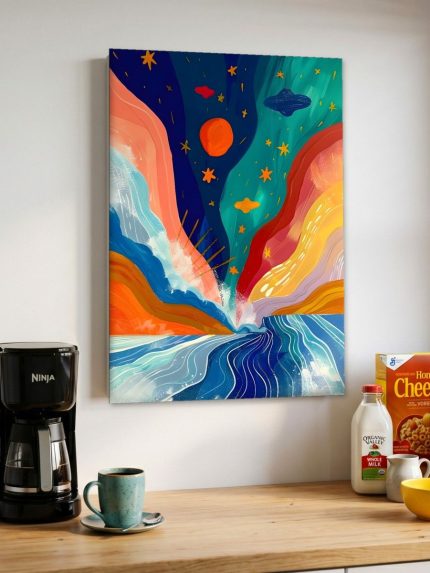 Kosmische Vloed onder Sterrenhemel, Natuur & Landschap schilderij aan de muur in interieur