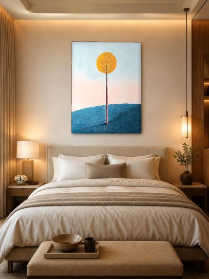 Gouden Boom op de Heuvel, Natuur & Landschap schilderij aan de muur in interieur