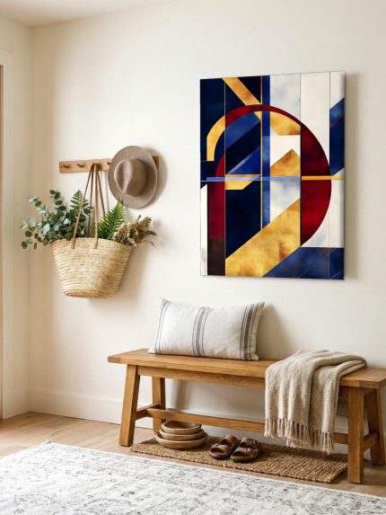 Rood Blauw Goud Compositie, Abstract & Modern schilderij aan de muur in interieur