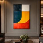 Vloeiende Vlakken in Oker en Rood, Abstract & Modern schilderij aan de muur in interieur