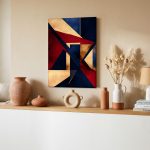 Geometrisch Spel in Goud en Karmijn, Abstract & Modern schilderij aan de muur in interieur